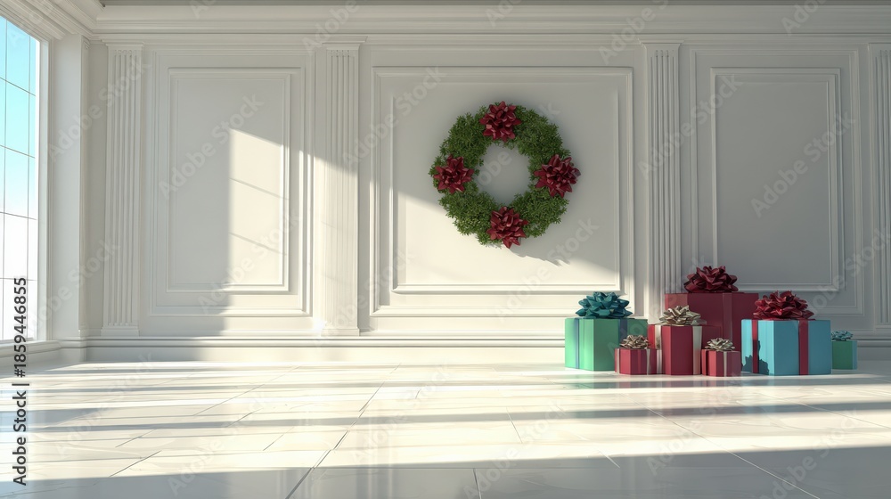 Fototapeta premium Elegant Christmas scene with gifts and a wreath in a bright, classically decorated room.