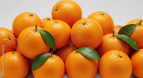 A vibrant pile of fresh, whole oranges with glossy peels and green leaves, representing healthy citrus nutrition and essential vitamin C ,segment ,slice ,antioxidant