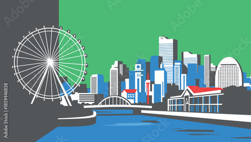 Colorful cityscape with ferris wheel and river in modern graphic style