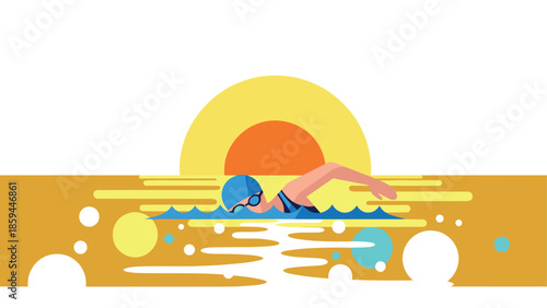 Flat design swimmer in ocean sunset with abstract geometric waves