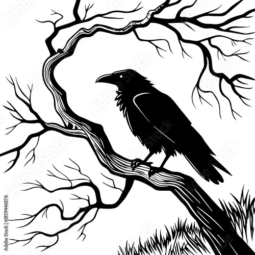 Crow Perched on a Dead Tree Branch - Gothic Nature Silhouette Vector