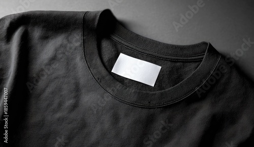A close-up shot of a black crew neck t-shirt lying flat with a white label on the neckline