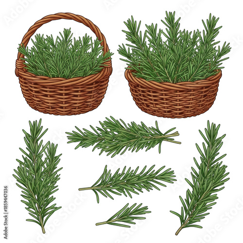 Two Wicker Baskets and Rosemary Sprigs isolated on transparent background Keywords: rosemary
