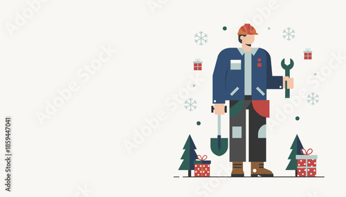 Worker holding shovel and wrench in a winter holiday scene Christmas service and labor vector art