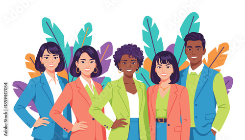 Diverse business team smiling confidently in colorful professional attire against a tropical background