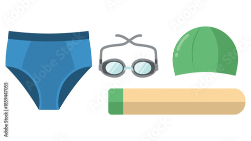 Swimming gear essentials: flat design of swim cap, goggles, trunks, and kickboard