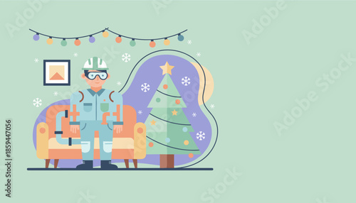 Festive technician in uniform next to a Christmas tree Holiday industrial service concept