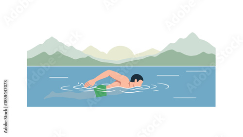 Flat design of swimmer in serene lake with mountain sunrise background