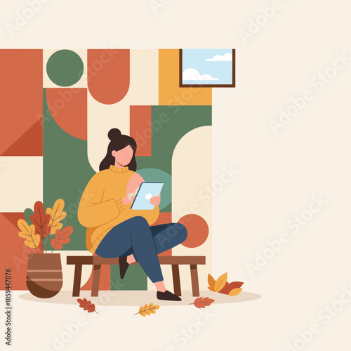 Woman uses a tablet on a cozy autumn day indoors Remote work learning and digital lifestyle