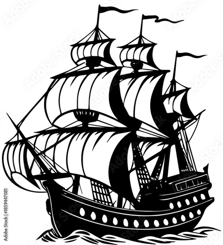 Vintage Style Galleon Sailing Ship Illustration, Nautical Maritime and History Concept