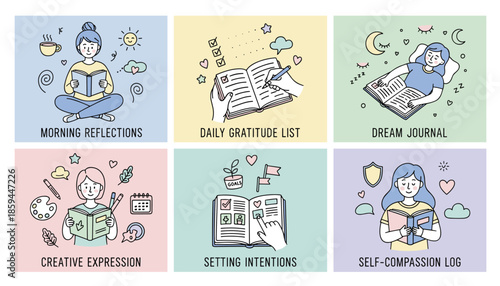 Selfcare journaling illustration set Daily reflection gratitude creative expression setting intentions and dreams