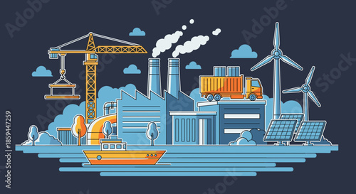 Global industry and sustainable energy scene factory shipping trucking solar and wind power