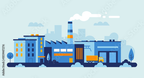 Industrial factory complex illustration with smokestack buildings and delivery truck