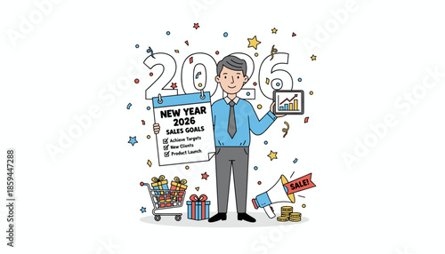 New Year 2026 Sales Goals illustration Businessman planning success promotion and achieving targets