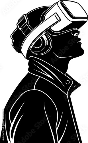 Black and White VR Headset Portrait – Futuristic Tech Art