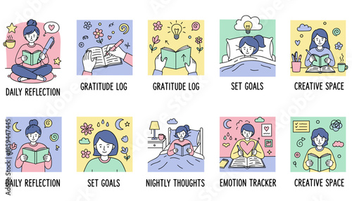 Doodle icon set showing selfcare journaling practices gratitude log daily reflection goal setting emotion tracker