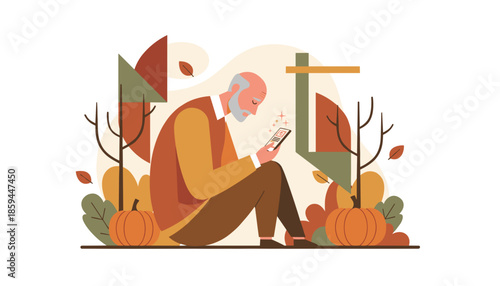 Senior man using a smartphone outdoors in an autumn setting with pumpkins Fall lifestyle technology