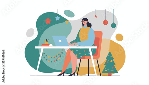 Woman working on laptop at Christmas decorated desk Holiday remote work and business illustration