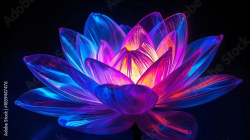 A luminous abstract flower with layered translucent petals glowing in vibrant neon colors, including electric blue, magenta, violet, cyan, and fiery orange,perfect for oled display with vibrant colors