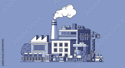Flat illustration of a factory complex showing production logistics crane and smokestack on blue