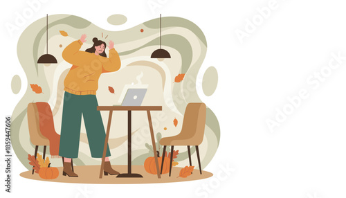 Stressed woman panicking while working remotely on a laptop in an autumn cafe Deadline anxiety concept