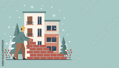 Builder in hard hat laying bricks for apartment construction during winter snowfall Real estate project concept