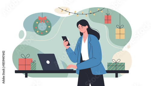 Stressed employee works on laptop and phone during the Christmas holidays illustrating burnout