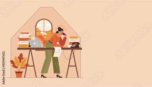 Stressed woman working from home in a cluttered attic office dealing with calls and paperwork overload