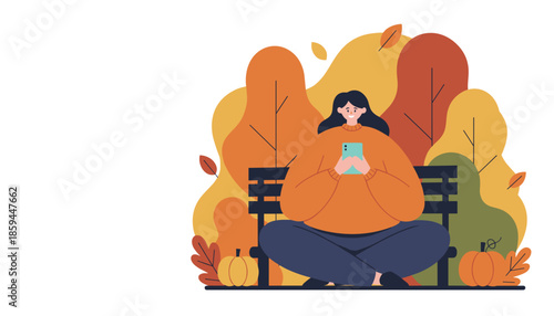 Happy woman using phone on park bench surrounded by colorful fall leaves and pumpkins