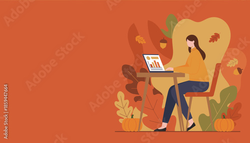 Remote worker analyzing data on a laptop in a festive autumnal environment