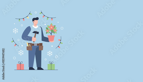 A handyman prepares for Christmas holding a hammer and poinsettia plant amidst lights and gifts