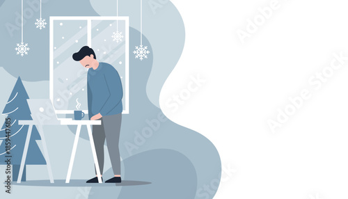Man stressed working from home during snowy winter holidays Remote work fatigue concept