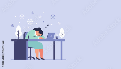 Overworked woman sleeps at her office desk in winter Business fatigue and seasonal stress illustration