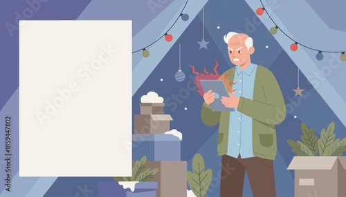 Furious senior man struggling with frustrating technology setup during holiday preparations Copy space included