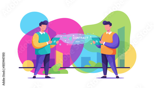 Businessmen negotiating a digital contract using tablets against a colorful abstract background