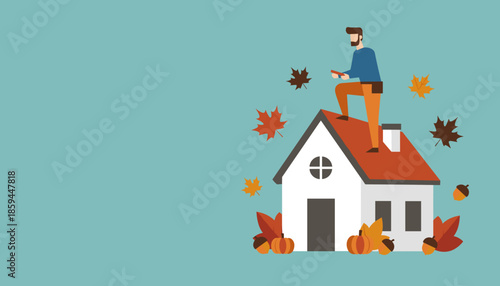 Man doing fall home maintenance on the roof surrounded by leaves and pumpkins