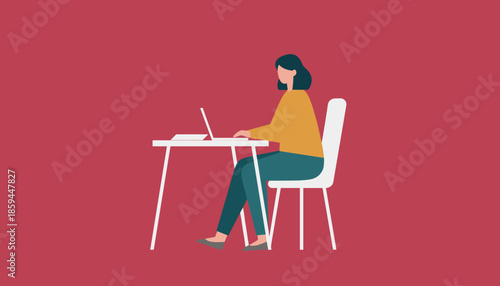 Professional woman works on laptop at desk Remote business home office or distance education concept