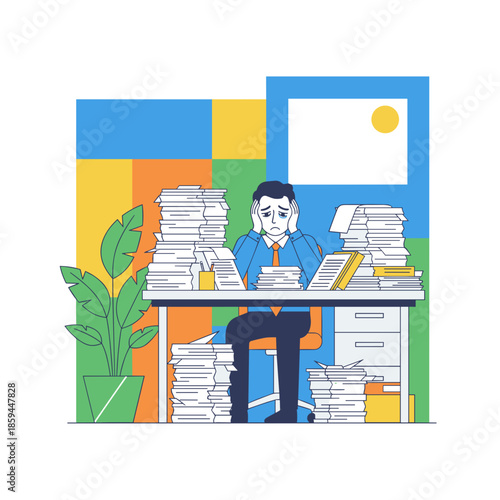 Overwhelmed office worker sitting at his desk buried in huge stacks of documents