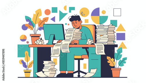 Stressed worker buried under a massive pile of paperwork and deadlines in an office setting