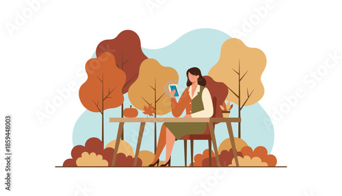 Businesswoman texting on a smartphone at an outdoor desk surrounded by fall foliage remote work concept