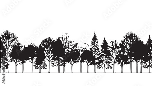 Architectural drawings in minimal style CAD tree line drawings, side view. Set of sectional wetland and forest outlines for landscape design. Vector illustrations as separate elements