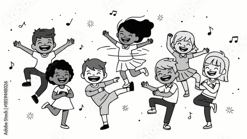 Diverse group of happy children dancing and singing together joyfully.