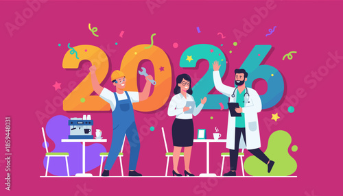 Diverse professionals engineer manager doctor celebrate New Year 2026 career goals and future success