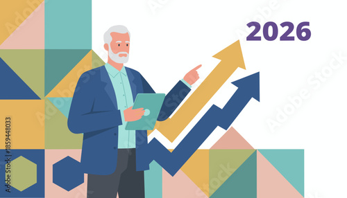 Senior professional shows future business growth targets for 2026 using a digital tablet