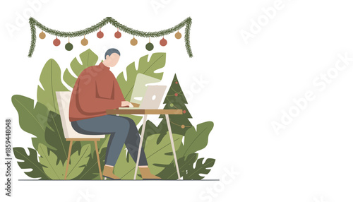 Man working remotely on a laptop amidst Christmas decorations and tropical plants Holiday work