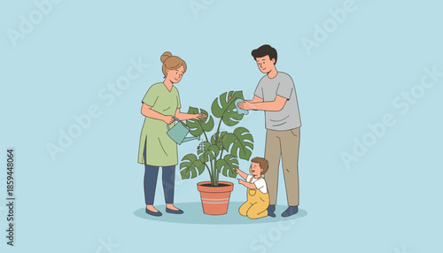 Family waters and cleans a large potted Monstera plant Home gardening lifestyle and nurture concept