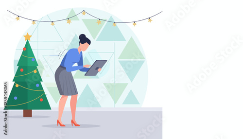 Businesswoman uses tablet near a Christmas tree Holiday corporate work shopping or planning