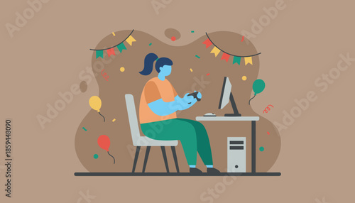 Gamer woman celebrating victory playing video games on a desktop computer Leisure and party concept