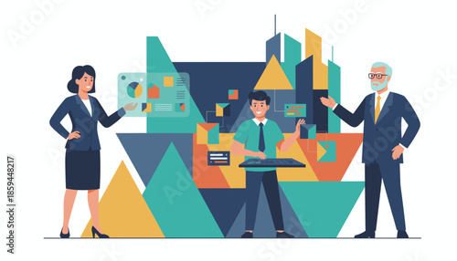 Business team analyzing digital data charts and collaborating on modern corporate strategy illustration