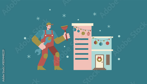 Professional handyman service illustration during the winter holidays Home repair concept